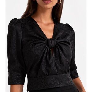 Ronny Kobo Black Tonal Jacquard Leopard Silk-Blend Ruched Twist Blouse M